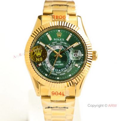 N9 FACTORY Rolex DiW Sky Dweller Gold Replica Watch Green Face 42mm